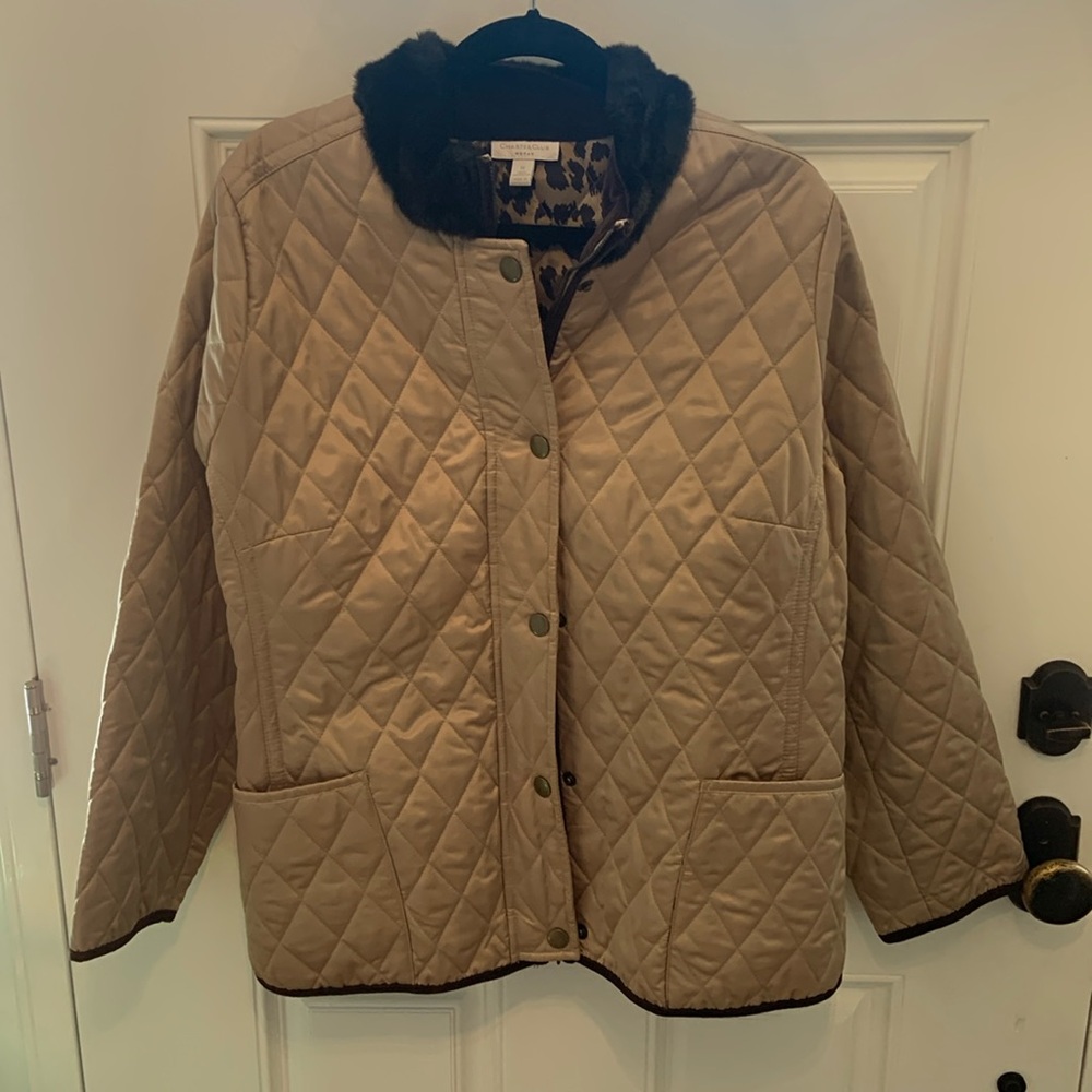 Charter Club Gold quilted barn jacket with fur collar and leopard lining.